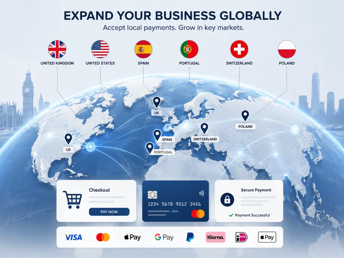 Expand your UK business globally with international ecommerce payment gateways for the UK, US, Spain, Portugal, Switzerland and Poland
