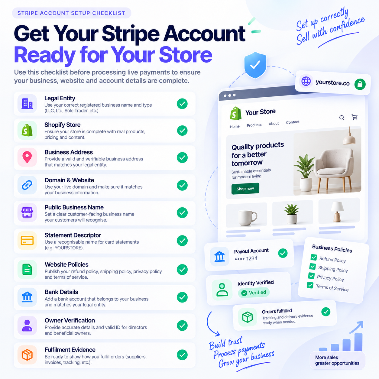 Stripe account setup checklist for Shopify merchants preparing legal entity, business address, domain, statement descriptor, bank details and verification documents