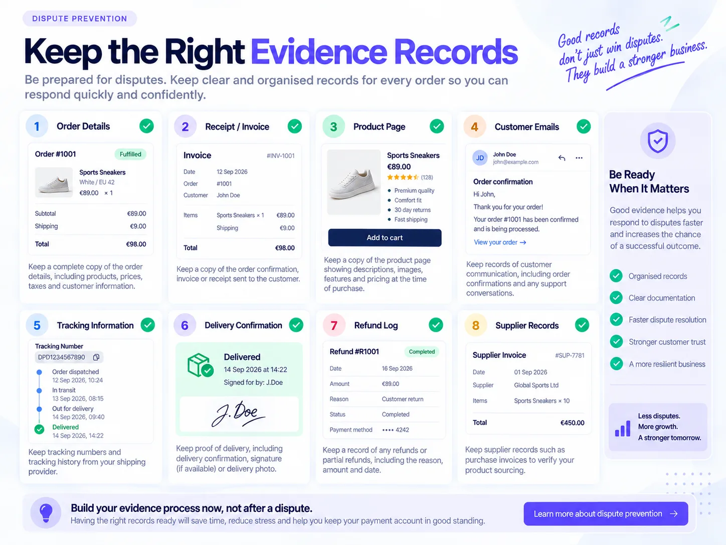 Ecommerce dispute evidence records for Stripe merchants including order details, receipts, tracking, delivery confirmation, customer emails and refund logs