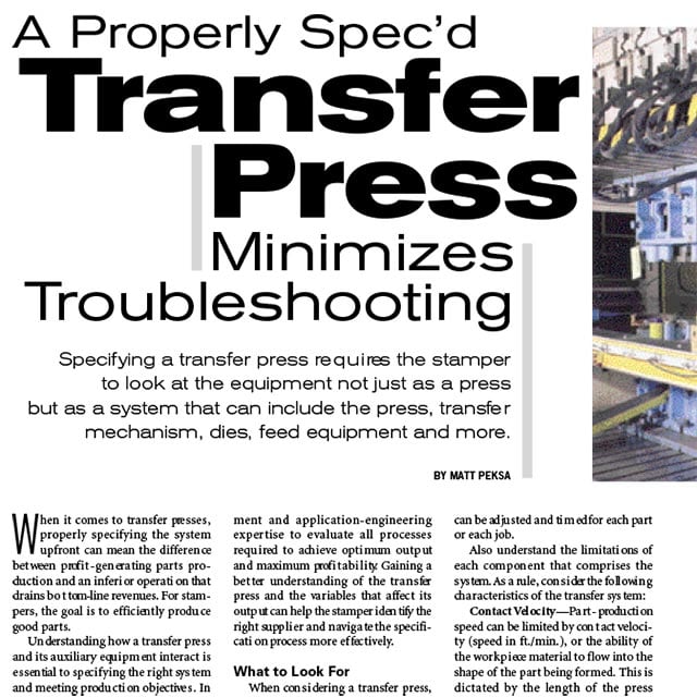 Properly Spec'd Transfer Press Minimizes Troubleshooting