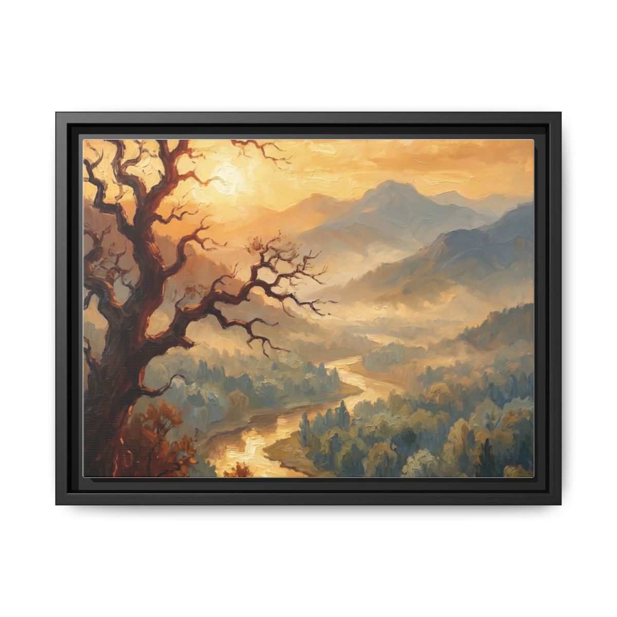 Misty Valley Landscape Canvas Wall Art | Amber Morning River Nature Decor | Framed Canvas Print, Ready to Hang - alternate view