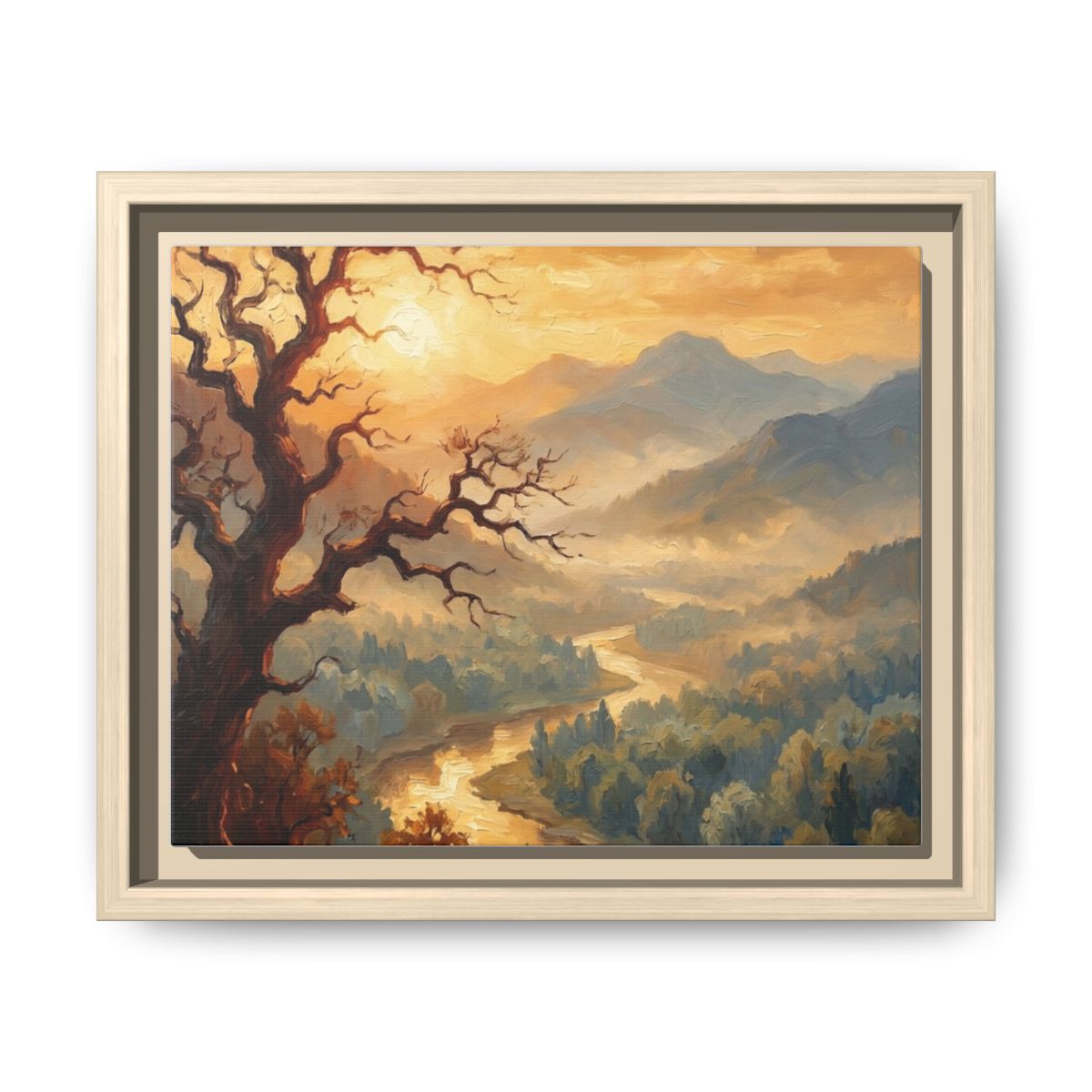 Misty Valley Landscape Canvas Wall Art | Amber Morning River Nature Decor | Framed Canvas Print, Ready to Hang — Thumbnail 5
