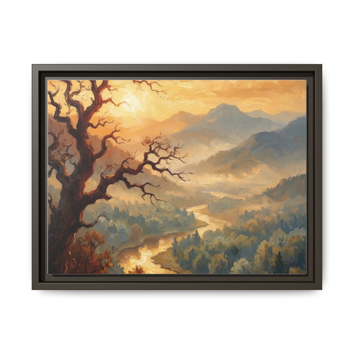 Misty Valley Landscape Canvas Wall Art | Amber Morning River Nature Decor | Framed Canvas Print, Ready to Hang — Thumbnail 3