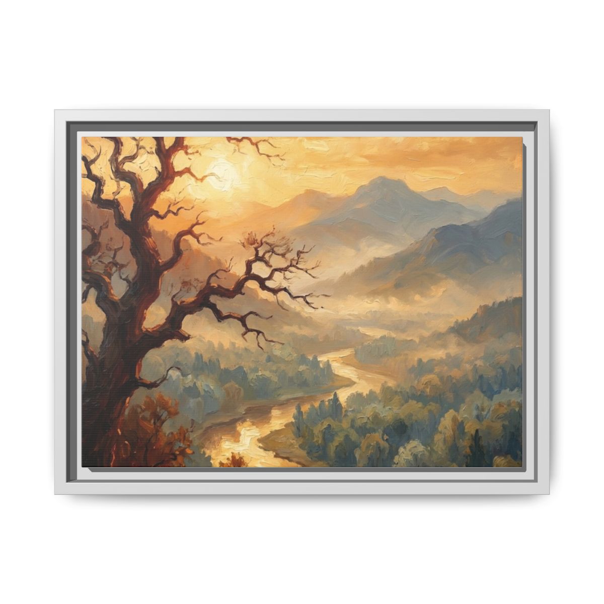 Misty Valley Landscape Canvas Wall Art | Amber Morning River Nature Decor | Framed Canvas Print, Ready to Hang — Thumbnail 4