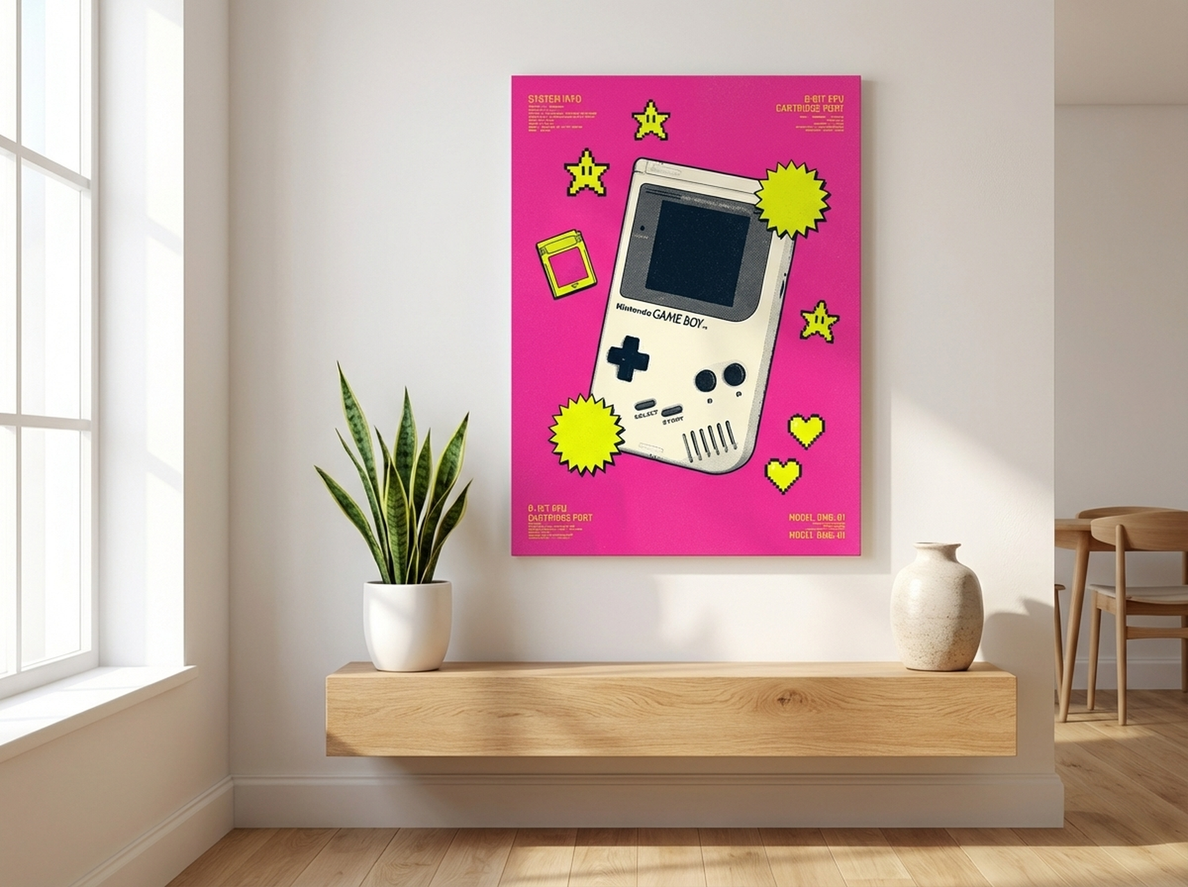 Game Boy Risograph Square Canvas Print | Y2K Pink Yellow Gaming Art | Retro Pixel Wall Decor