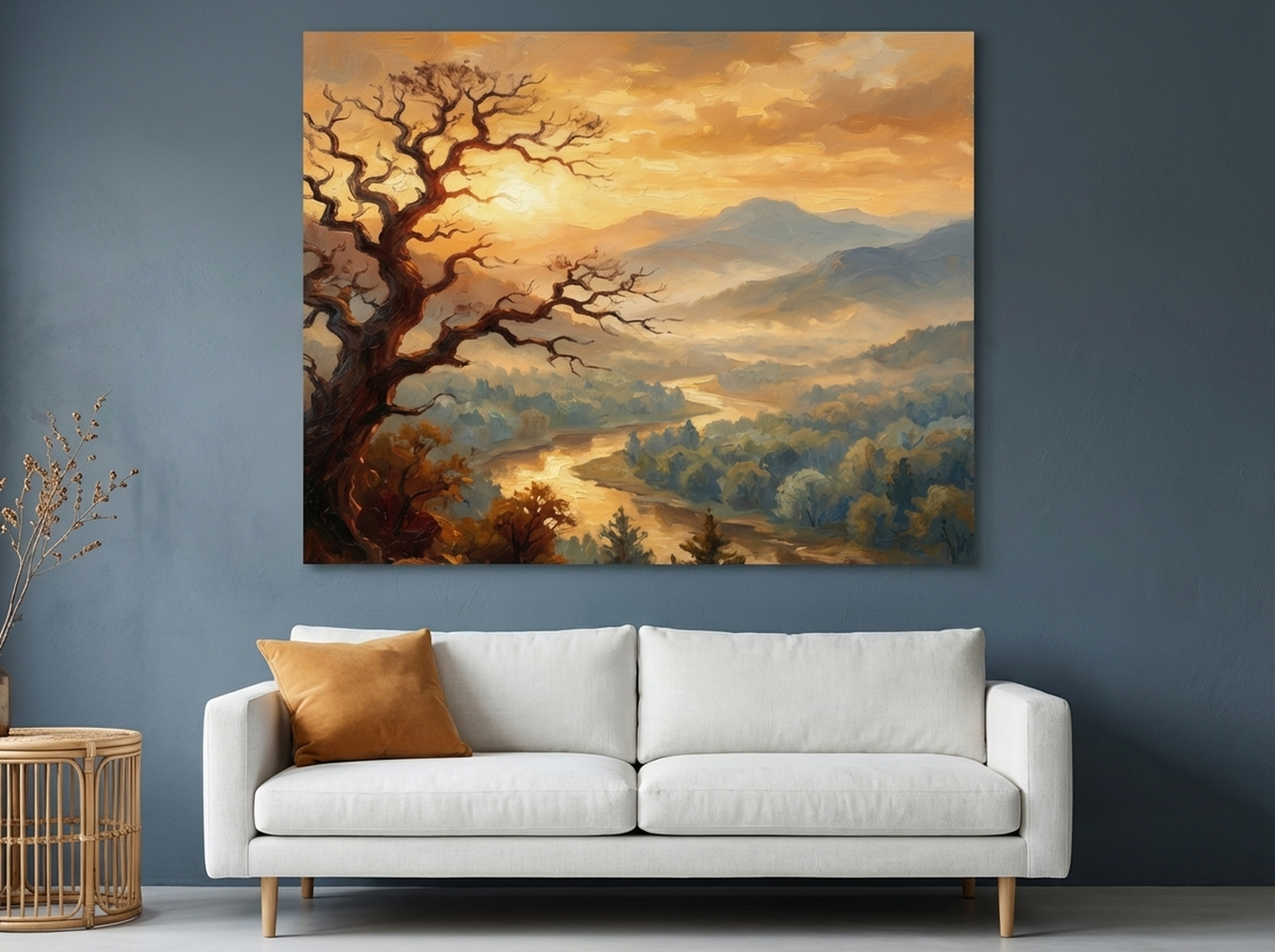 Misty Valley Landscape Canvas Wall Art | Amber Morning River Nature Decor | Framed Canvas Print, Ready to Hang | Kitchen Decor — Thumbnail 2