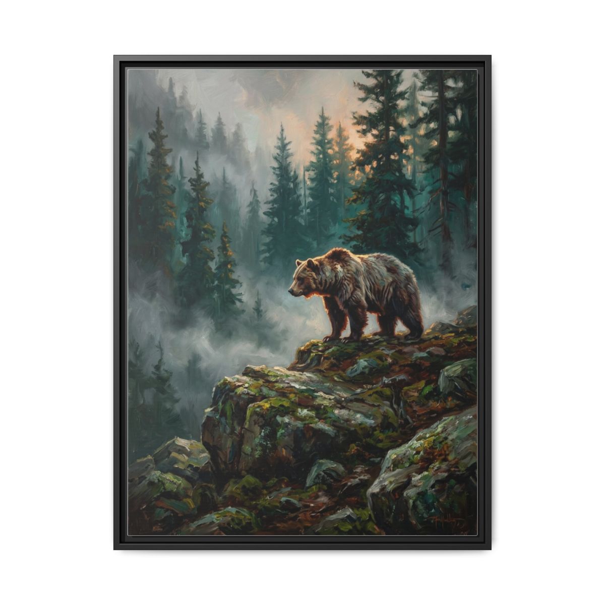 Bear Canvas Wall Art | Grizzly Bear Misty Forest Painting | Framed Canvas Print, Ready to Hang — Thumbnail 2