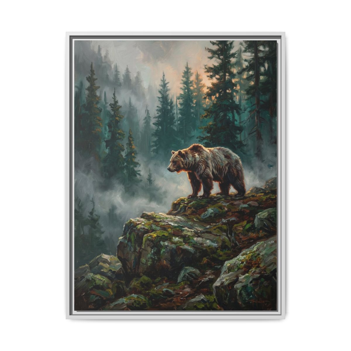 Bear Canvas Wall Art | Grizzly Bear Misty Forest Painting | Framed Canvas Print, Ready to Hang — Thumbnail 4