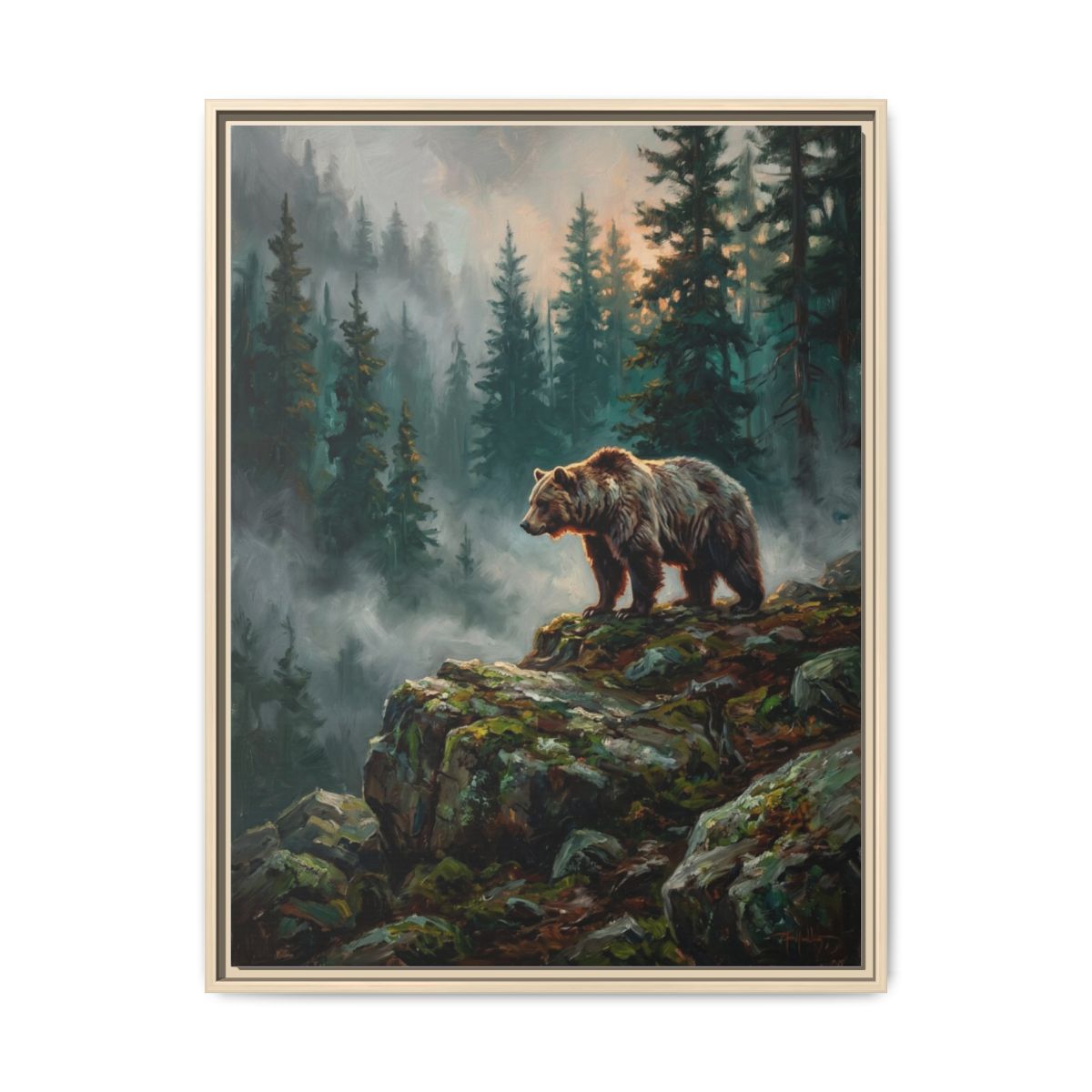 Bear Canvas Wall Art | Grizzly Bear Misty Forest Painting | Framed Canvas Print, Ready to Hang — Thumbnail 5
