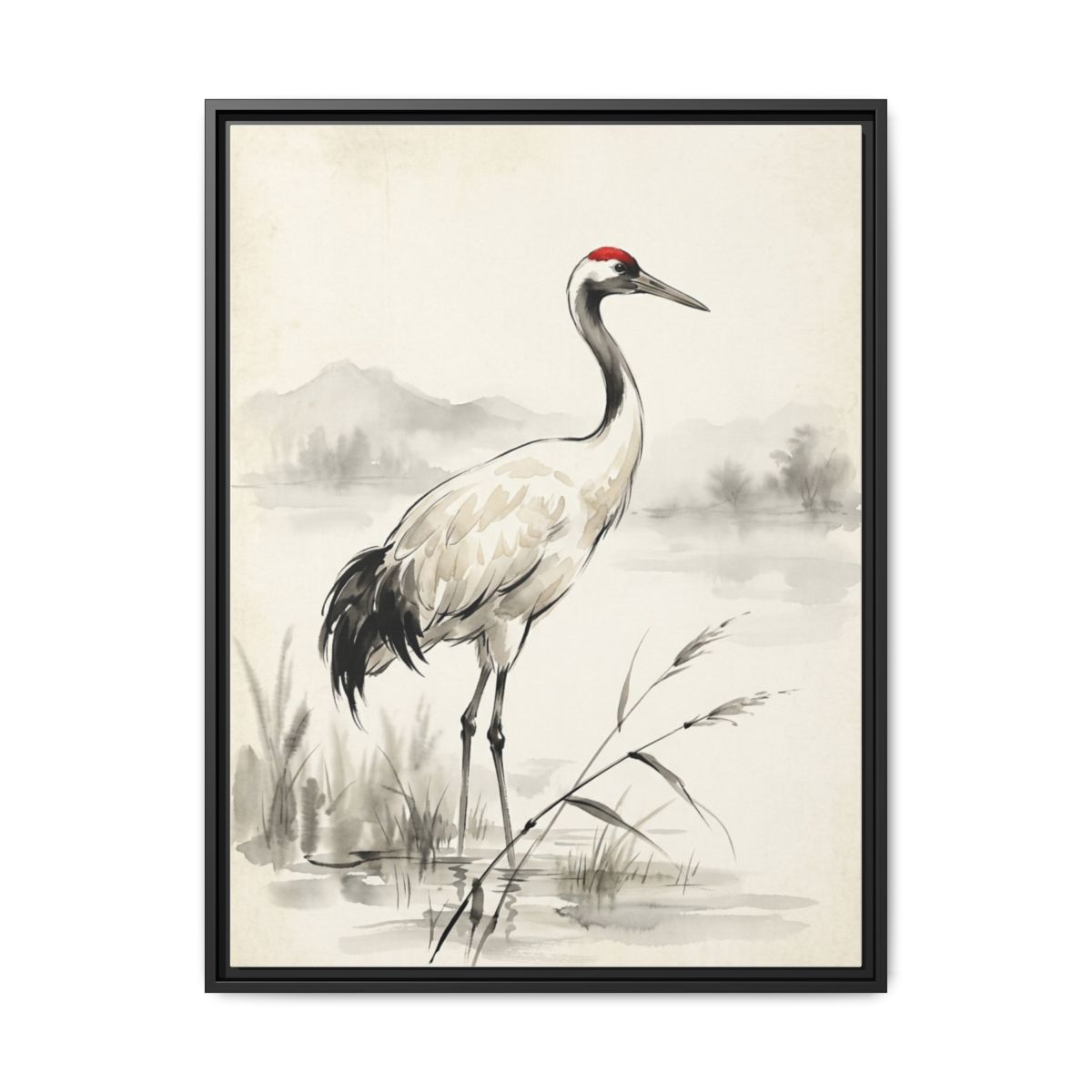 Crane Canvas Wall Art | Japanese Red Crown Crane Watercolor Painting | Framed Canvas Print, Ready to Hang — Thumbnail 2