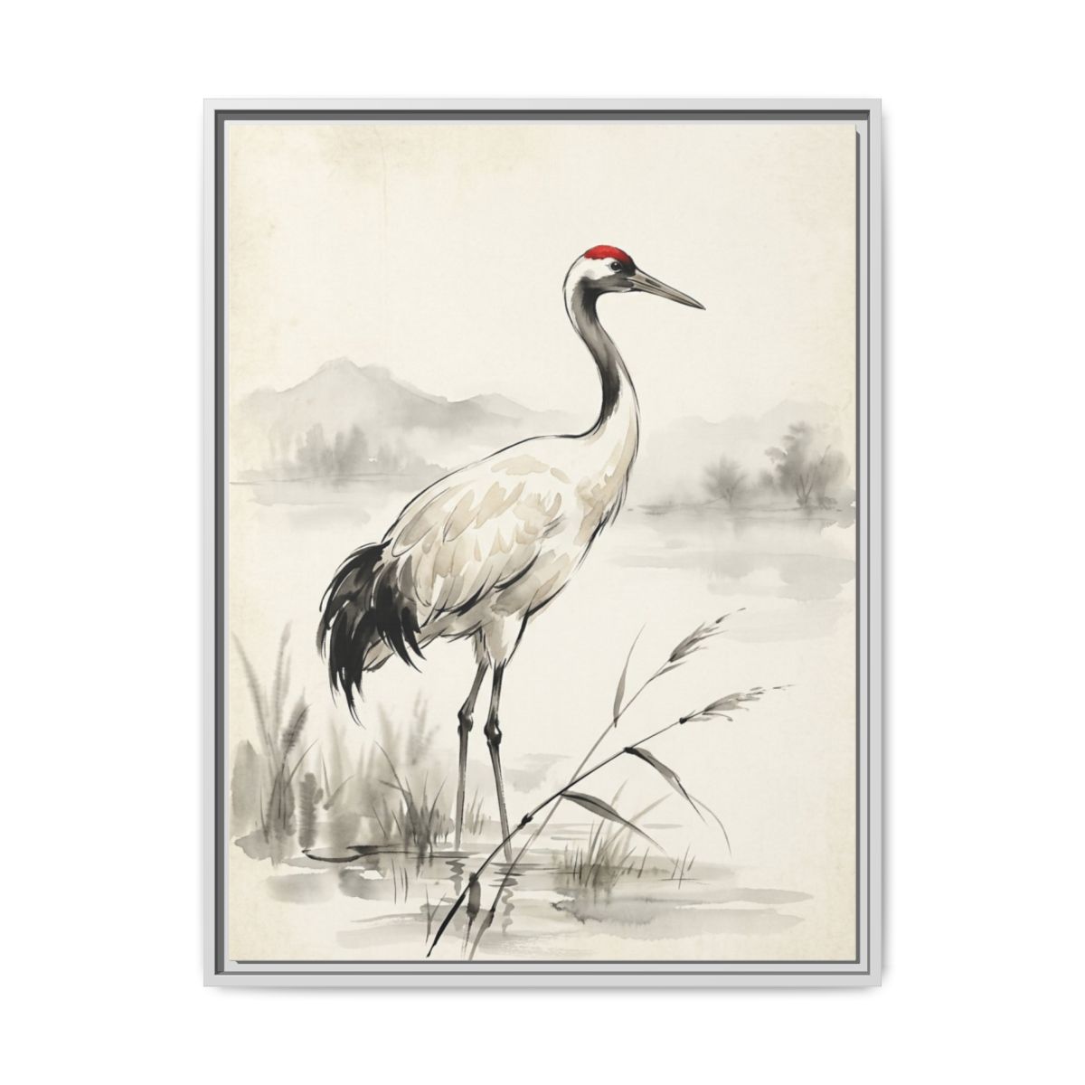 Crane Canvas Wall Art | Japanese Red Crown Crane Watercolor Painting | Framed Canvas Print, Ready to Hang — Thumbnail 4