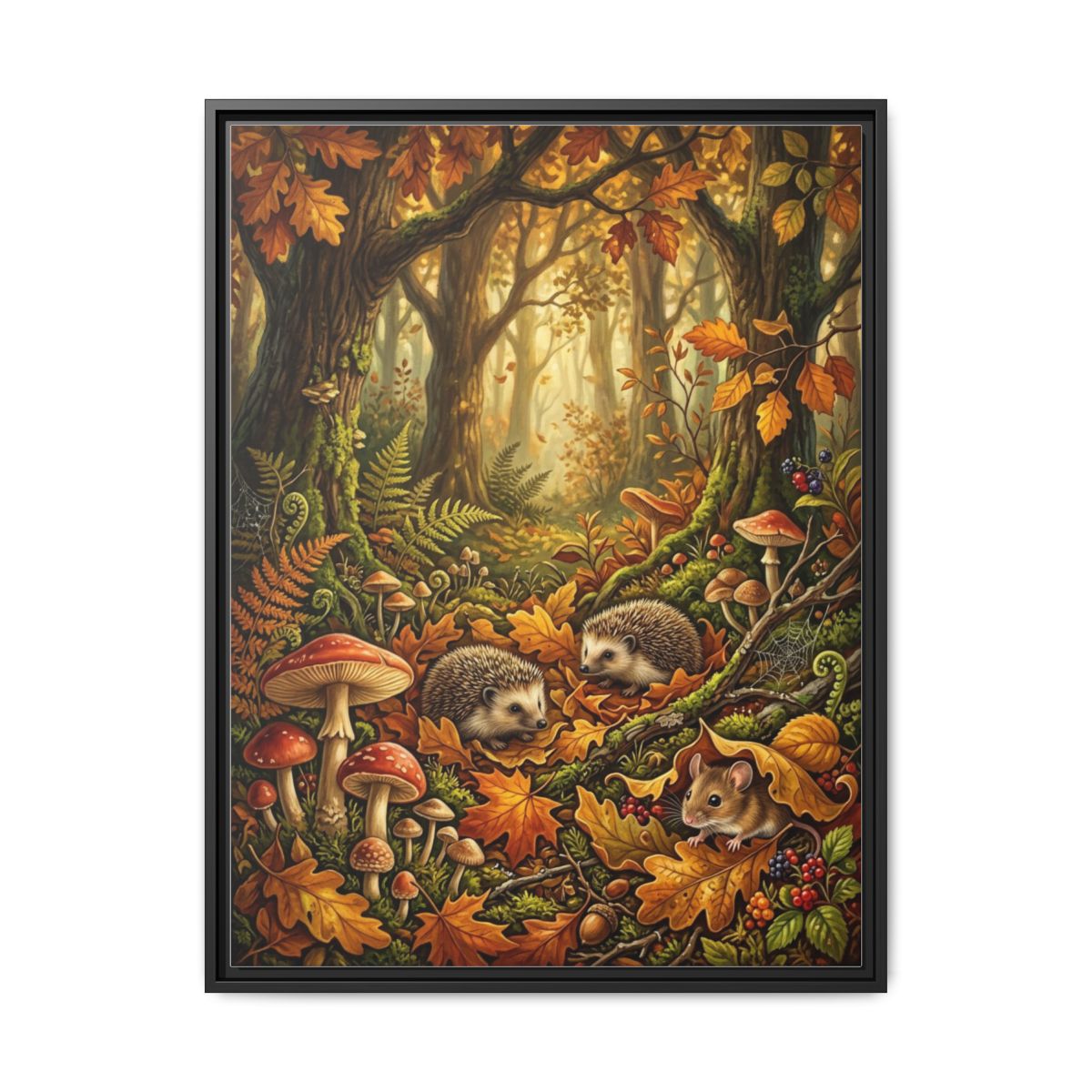 Hedgehog Canvas Wall Art | Botanical Forest Wildlife Painting | Framed Canvas Print, Ready to Hang — Thumbnail 2