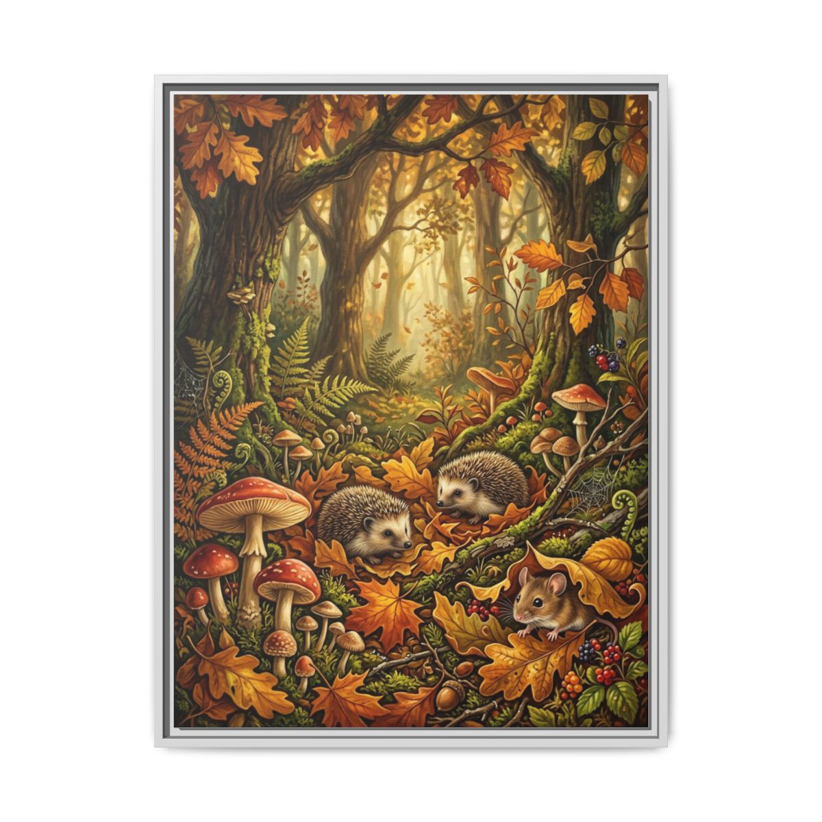 Hedgehog Canvas Wall Art | Botanical Forest Wildlife Painting | Framed Canvas Print, Ready to Hang — Thumbnail 4