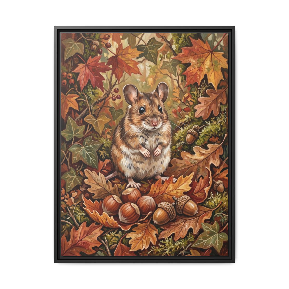 Mouse Canvas Wall Art | Wood Mouse Autumn Leaves Wildlife Painting | Framed Canvas Print, Ready to Hang — Thumbnail 2
