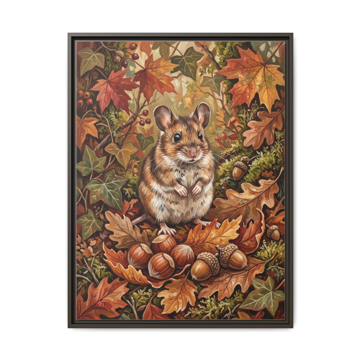 Mouse Canvas Wall Art | Wood Mouse Autumn Leaves Wildlife Painting | Framed Canvas Print, Ready to Hang — Thumbnail 3