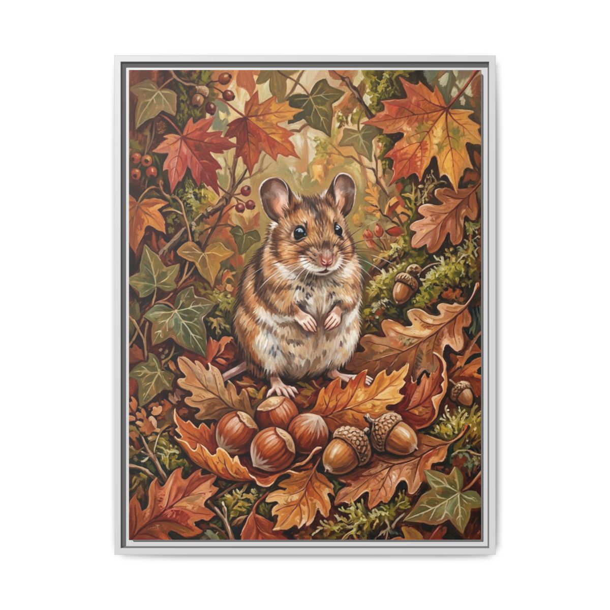 Mouse Canvas Wall Art | Wood Mouse Autumn Leaves Wildlife Painting | Framed Canvas Print, Ready to Hang — Thumbnail 4
