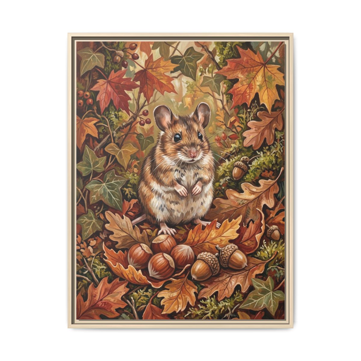 Mouse Canvas Wall Art | Wood Mouse Autumn Leaves Wildlife Painting | Framed Canvas Print, Ready to Hang — Thumbnail 5