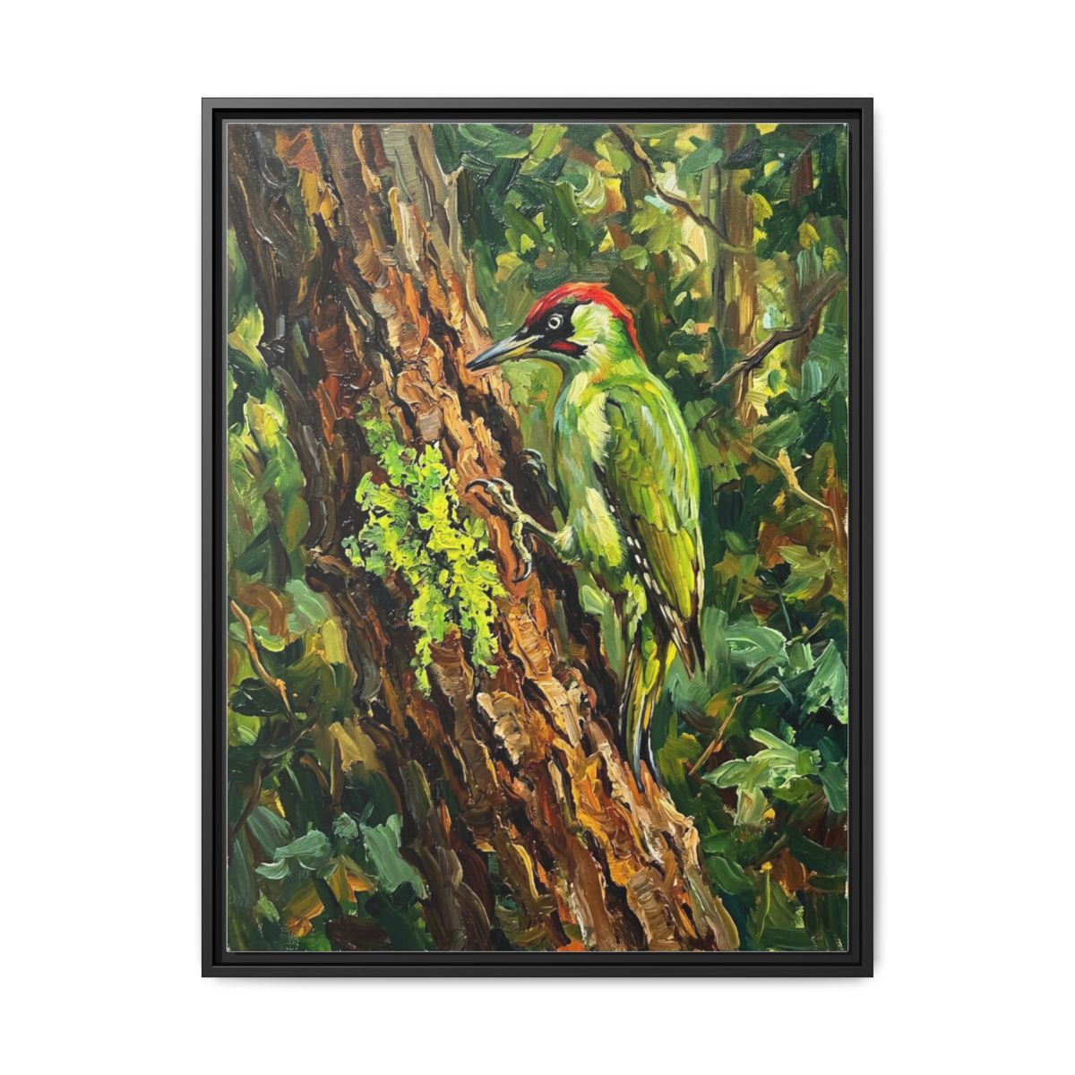 Woodpecker Canvas Wall Art | Green Woodpecker Bird Painting | Framed Canvas Print, Ready to Hang — Thumbnail 2