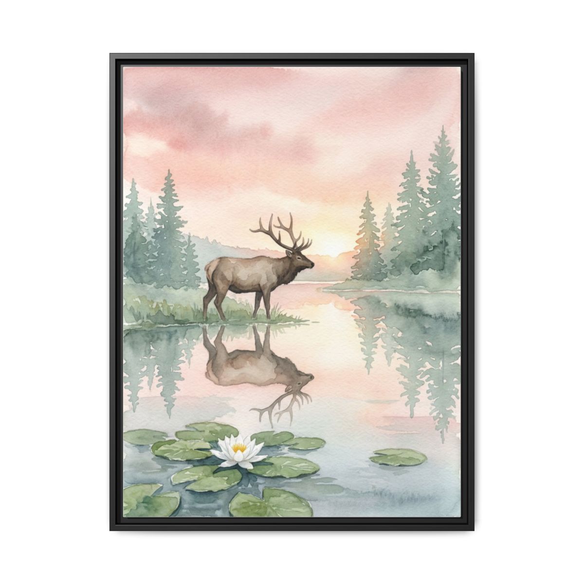 Elk Canvas Wall Art | Watercolor Wildlife Reflection Painting | Framed Canvas Print, Ready to Hang — Thumbnail 2