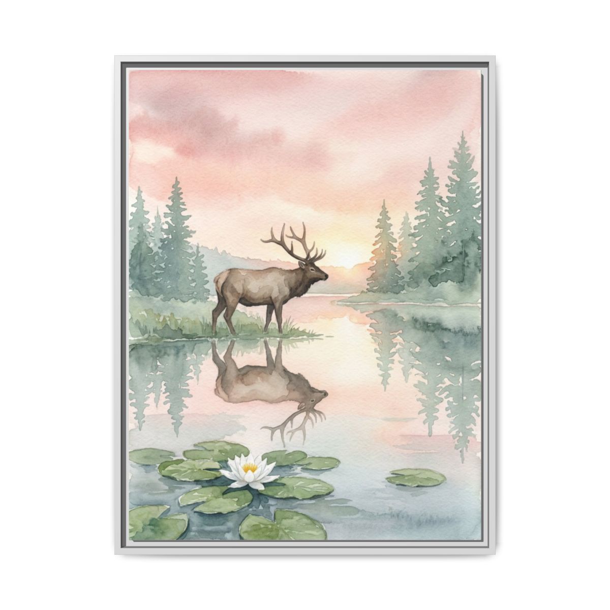 Elk Canvas Wall Art | Watercolor Wildlife Reflection Painting | Framed Canvas Print, Ready to Hang — Thumbnail 4