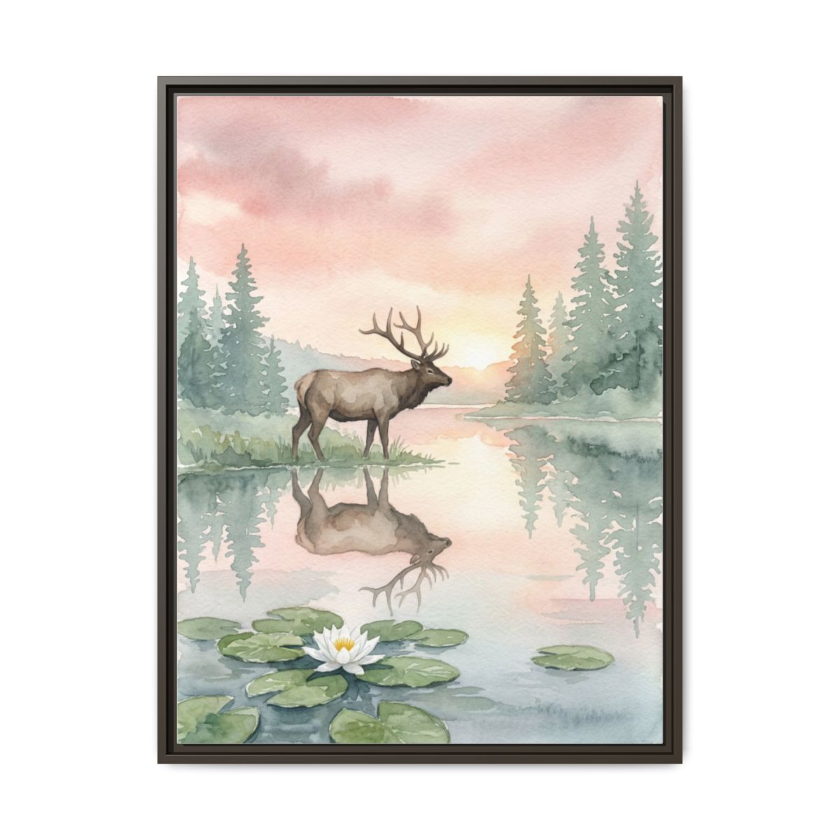 Elk Canvas Wall Art | Watercolor Wildlife Reflection Painting | Framed Canvas Print, Ready to Hang — Thumbnail 3