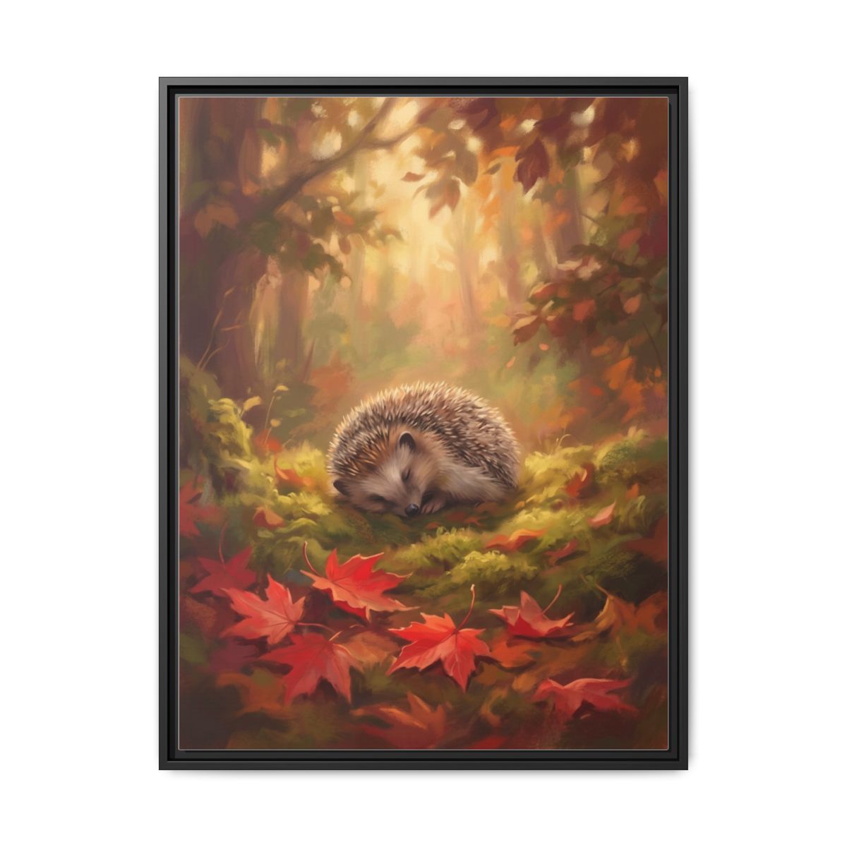 Hedgehog Canvas Wall Art | Sleeping Hedgehog Autumn Forest Painting | Framed Canvas Print, Ready to Hang — Thumbnail 2