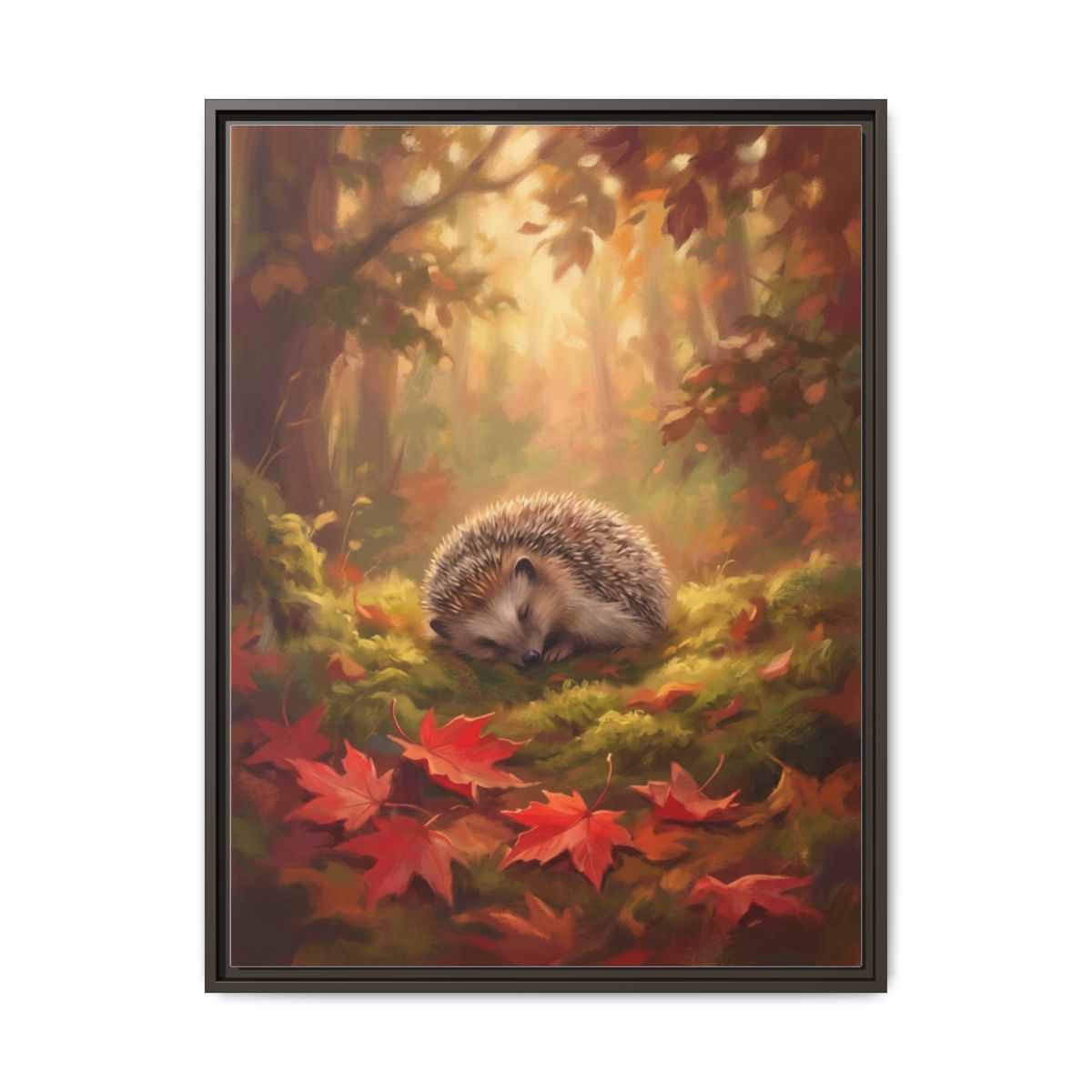 Hedgehog Canvas Wall Art | Sleeping Hedgehog Autumn Forest Painting | Framed Canvas Print, Ready to Hang — Thumbnail 3