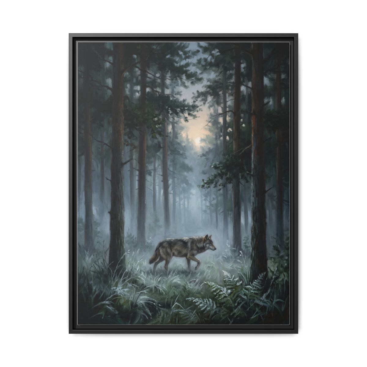 Wolf Canvas Wall Art | Atmospheric Moonlit Forest Painting | Framed Canvas Print, Ready to Hang — Thumbnail 2