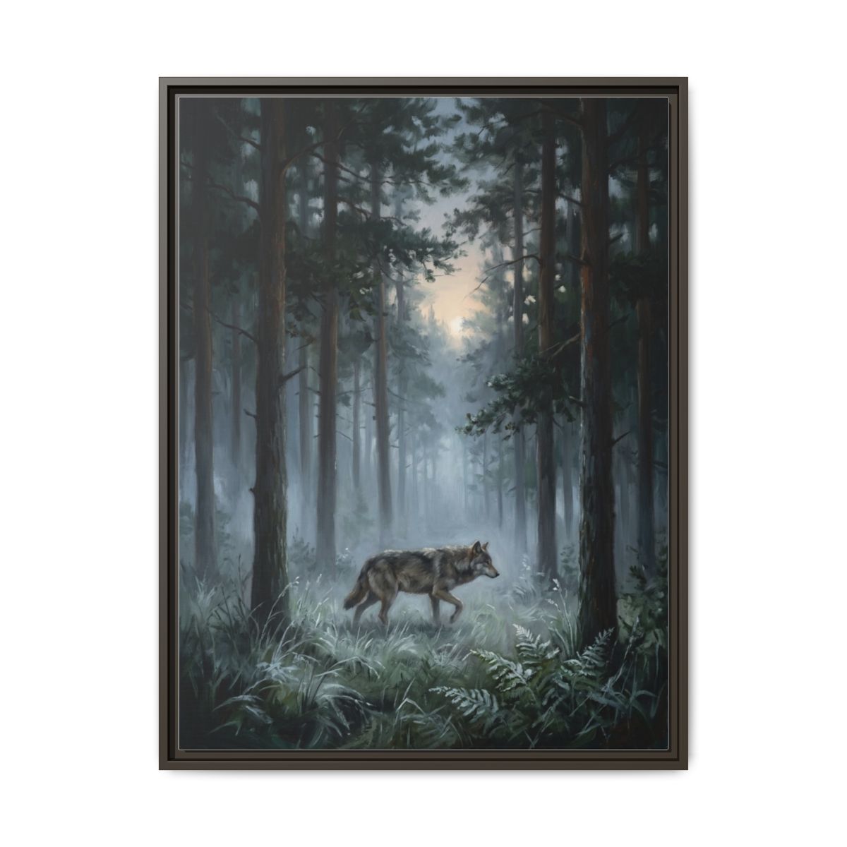 Wolf Canvas Wall Art | Atmospheric Moonlit Forest Painting | Framed Canvas Print, Ready to Hang — Thumbnail 3