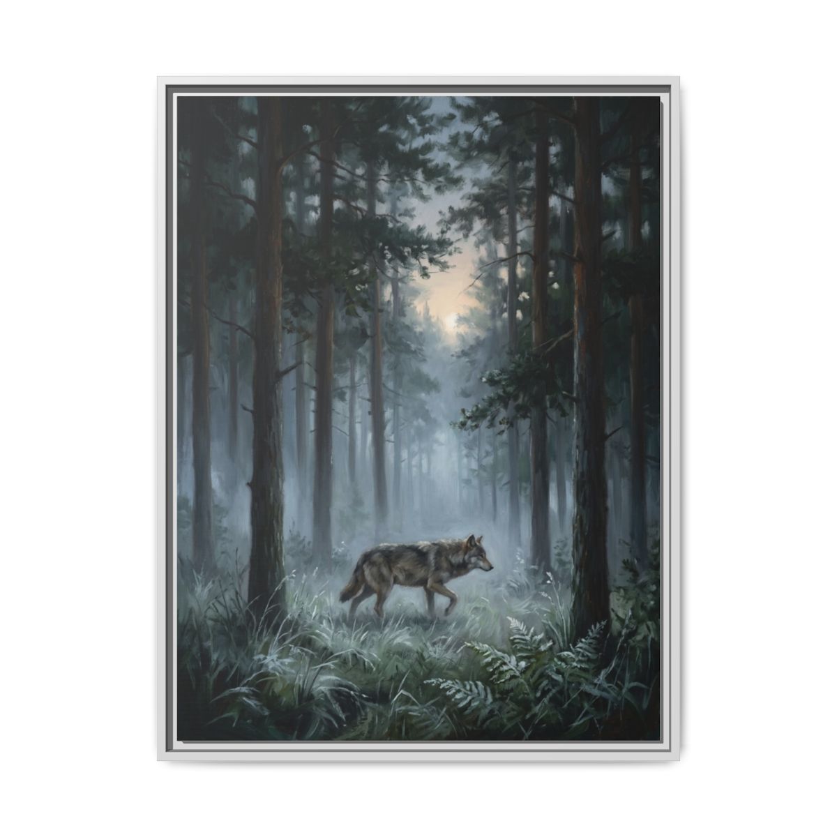 Wolf Canvas Wall Art | Atmospheric Moonlit Forest Painting | Framed Canvas Print, Ready to Hang — Thumbnail 4
