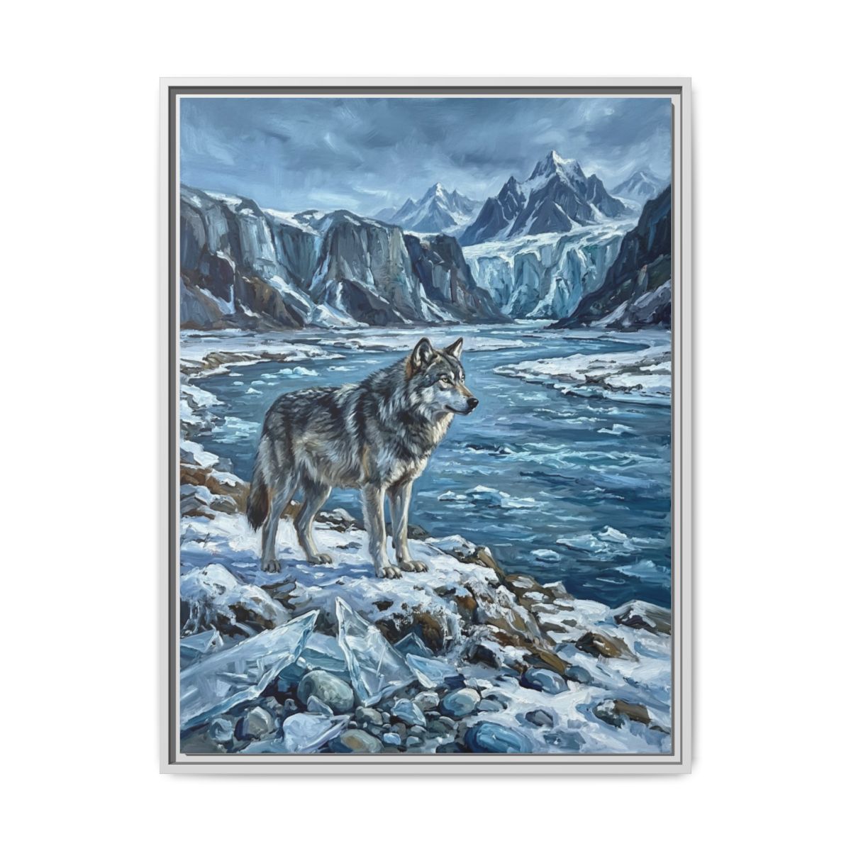 Wolf Canvas Wall Art | Grey Wolf Glacier Mountains Wildlife Painting | Framed Canvas Print, Ready to Hang — Thumbnail 4
