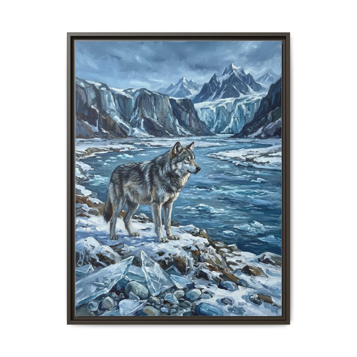 Wolf Canvas Wall Art | Grey Wolf Glacier Mountains Wildlife Painting | Framed Canvas Print, Ready to Hang — Thumbnail 3