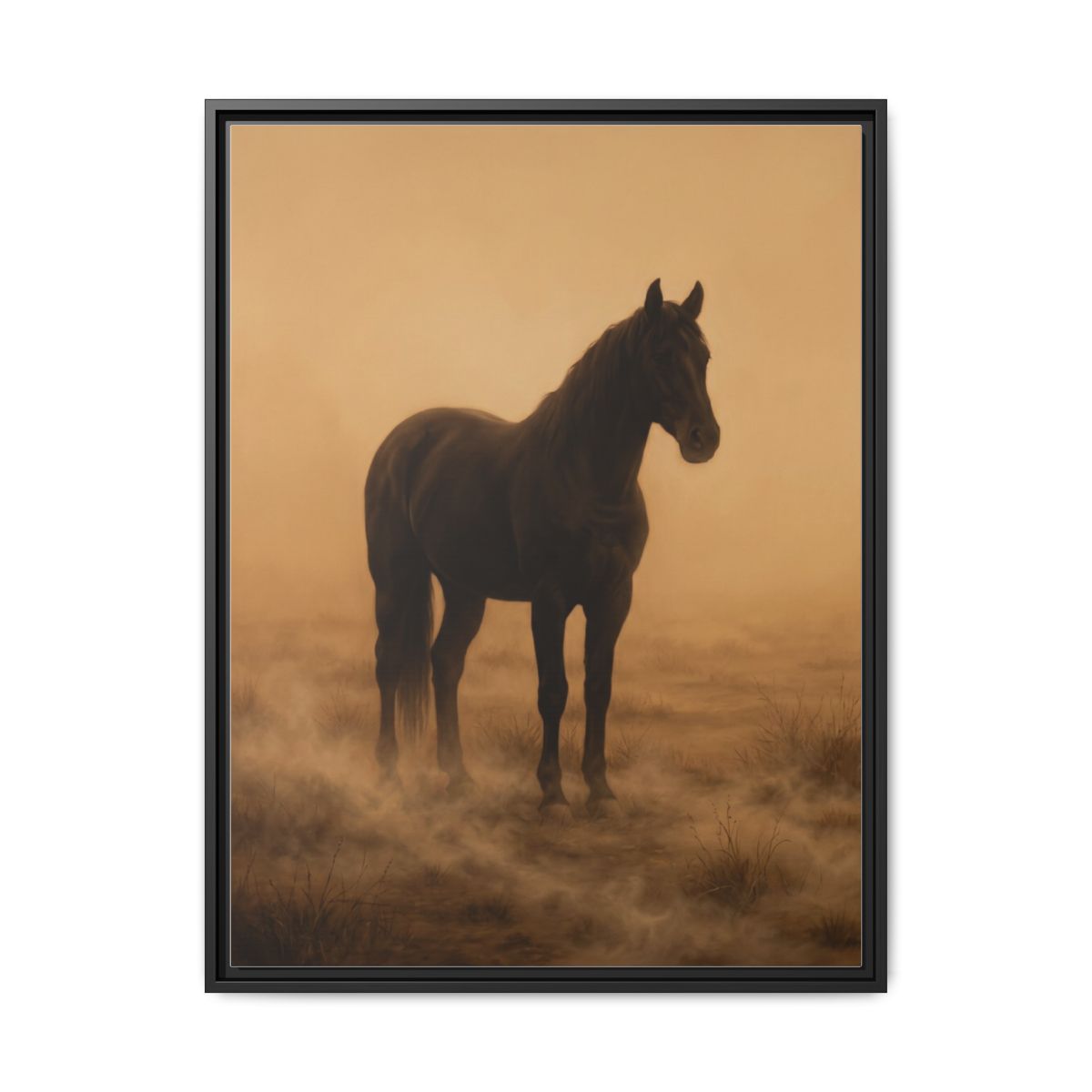 Horse Canvas Wall Art | Black Stallion Atmospheric Sepia Painting | Framed Canvas Print, Ready to Hang — Thumbnail 2