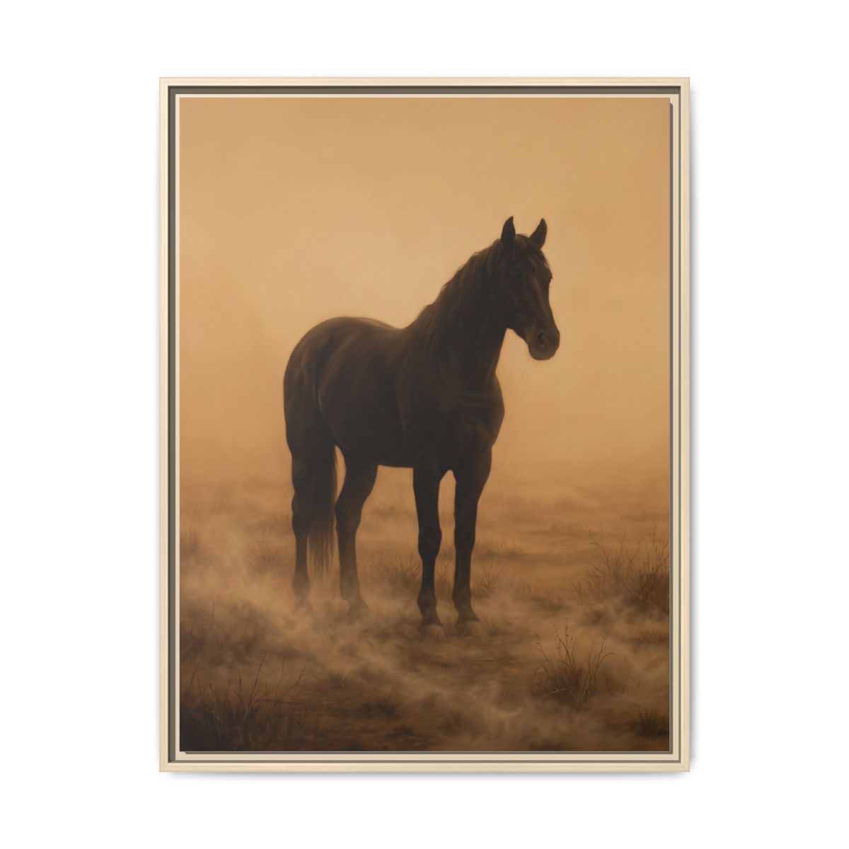 Horse Canvas Wall Art | Black Stallion Atmospheric Sepia Painting | Framed Canvas Print, Ready to Hang — Thumbnail 5