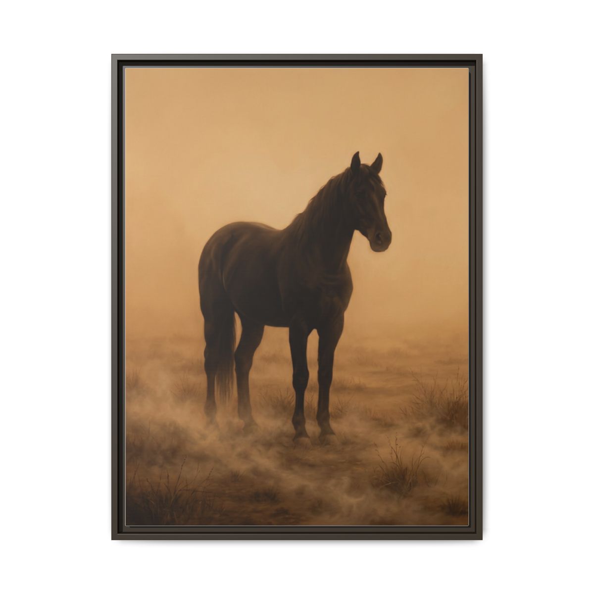 Horse Canvas Wall Art | Black Stallion Atmospheric Sepia Painting | Framed Canvas Print, Ready to Hang — Thumbnail 3