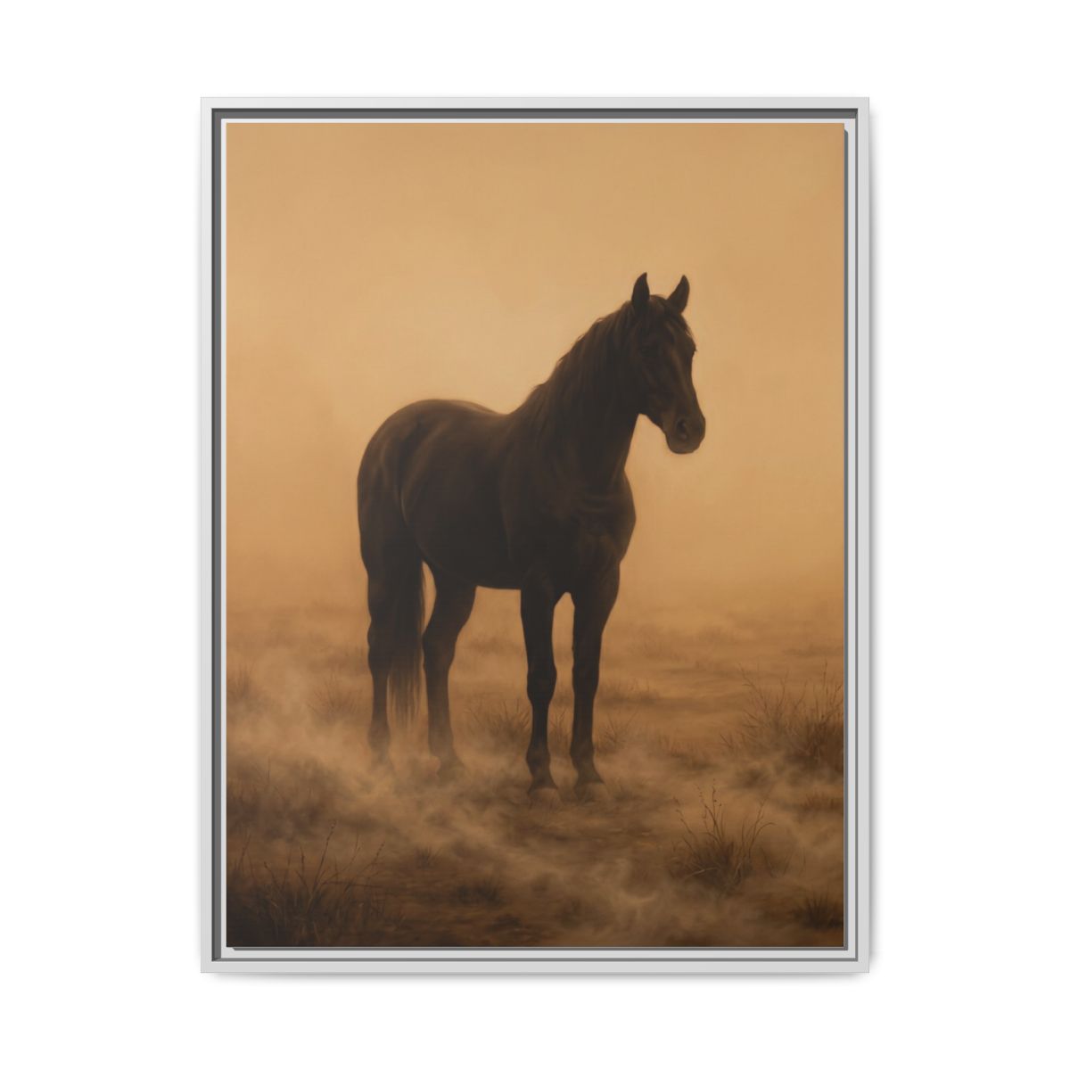 Horse Canvas Wall Art | Black Stallion Atmospheric Sepia Painting | Framed Canvas Print, Ready to Hang — Thumbnail 4