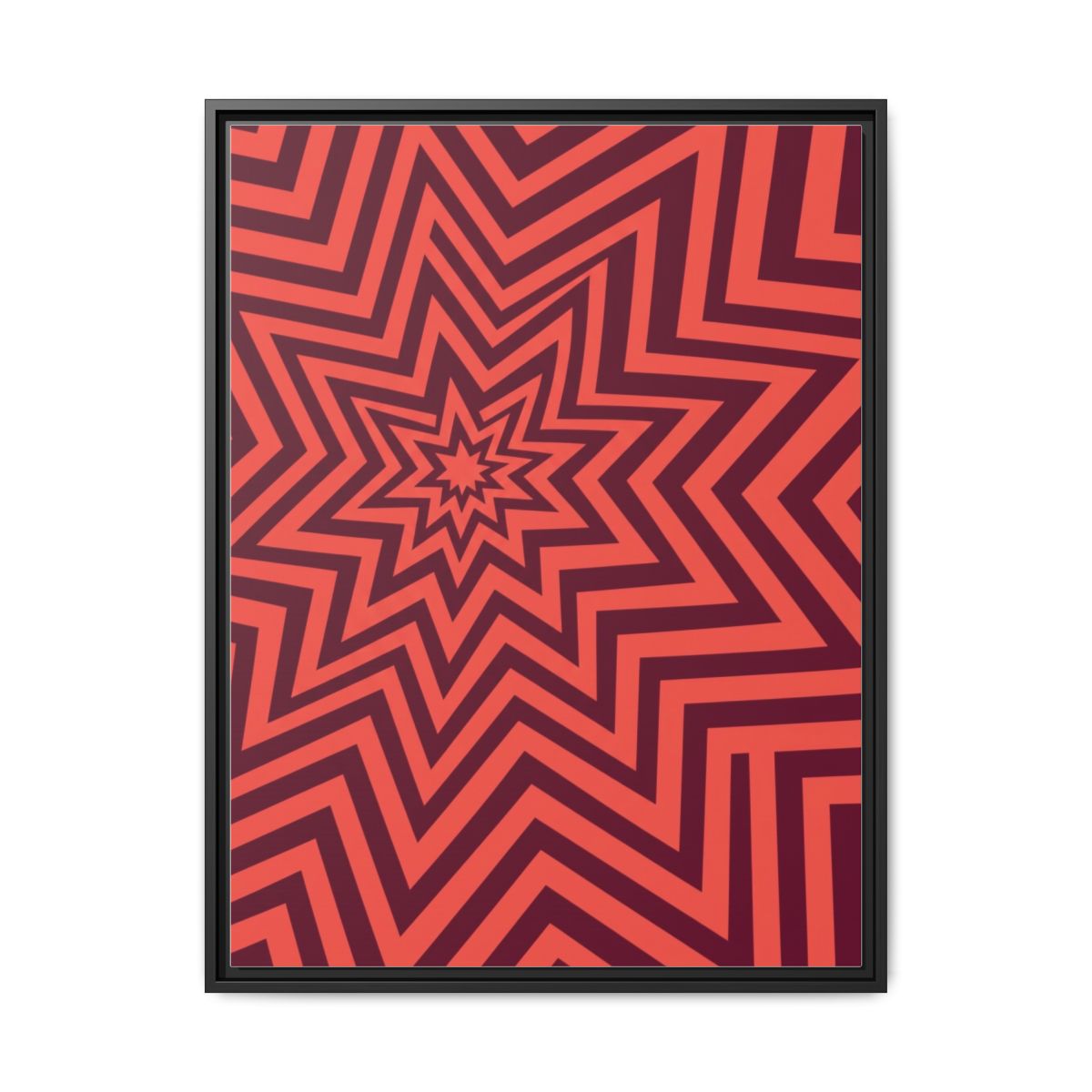 Geometric Starburst Canvas Print | Coral Red Op Art Wall Decor | Retro Burst Framed Canvas | Bold 70s Abstract Bedroom Art — Thumbnail 2