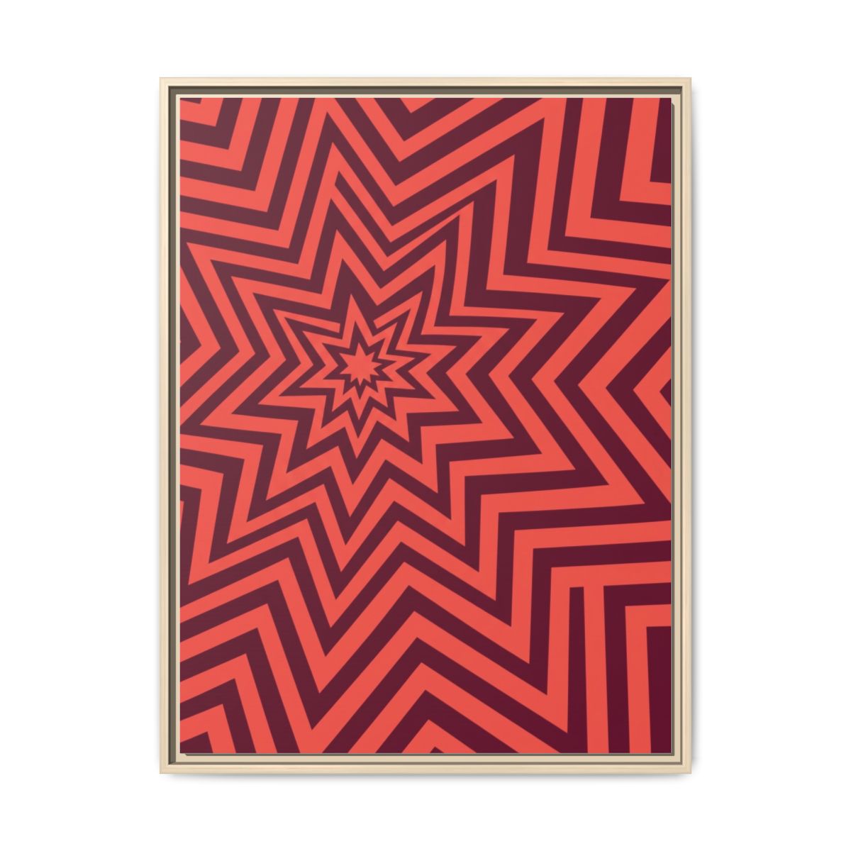 Geometric Starburst Canvas Print | Coral Red Op Art Wall Decor | Retro Burst Framed Canvas | Bold 70s Abstract Bedroom Art — Thumbnail 5