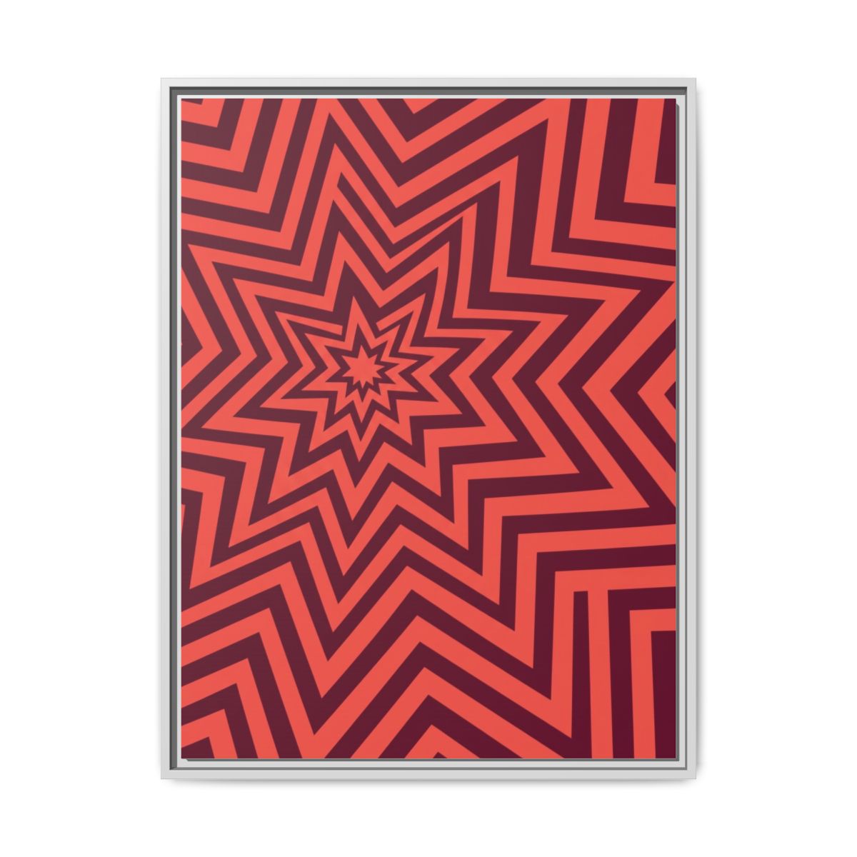 Geometric Starburst Canvas Print | Coral Red Op Art Wall Decor | Retro Burst Framed Canvas | Bold 70s Abstract Bedroom Art — Thumbnail 4