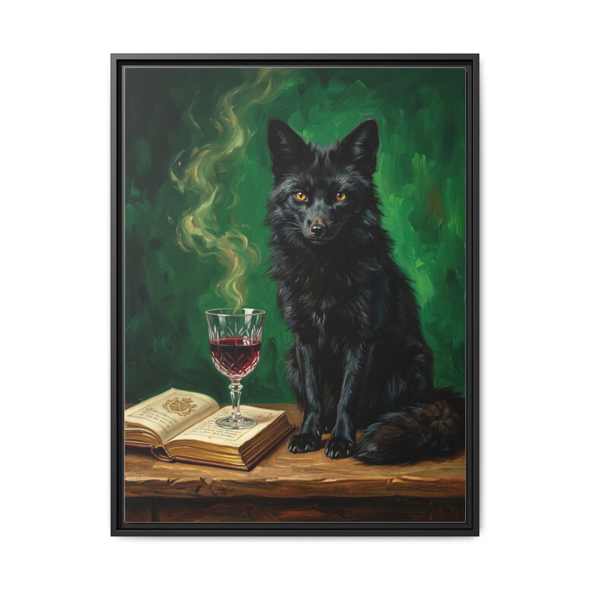 Black Fox Oil Painting Canvas Print | Dark Academia Wall Art | Emerald Green Framed Canvas | Moody Animal Art Decor — Thumbnail 2