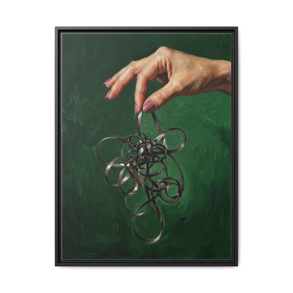 Cassette Tape Hand Oil Painting Canvas | Y2K Nostalgia Wall Art | Forest Green Framed Canvas | Retro Music Art Print — Thumbnail 2
