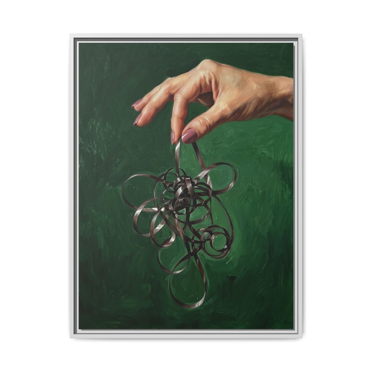 Cassette Tape Hand Oil Painting Canvas | Y2K Nostalgia Wall Art | Forest Green Framed Canvas | Retro Music Art Print — Thumbnail 4