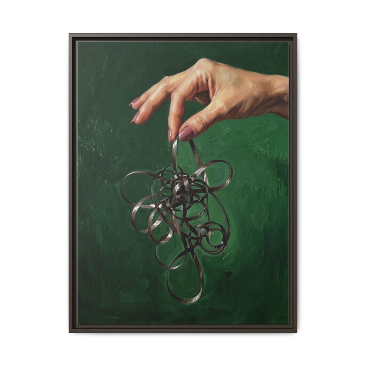 Cassette Tape Hand Oil Painting Canvas | Y2K Nostalgia Wall Art | Forest Green Framed Canvas | Retro Music Art Print — Thumbnail 3
