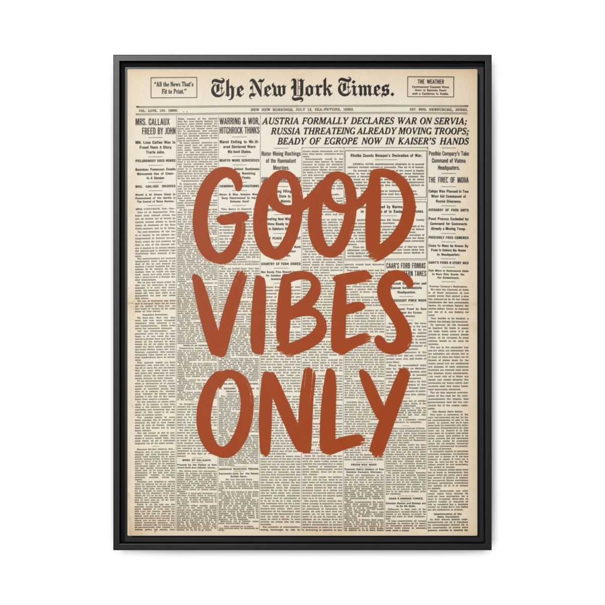 Good Vibes Only Terracotta Canvas Print | Vintage Newspaper Typography Wall Art | Retro Statement Decor — Thumbnail 2