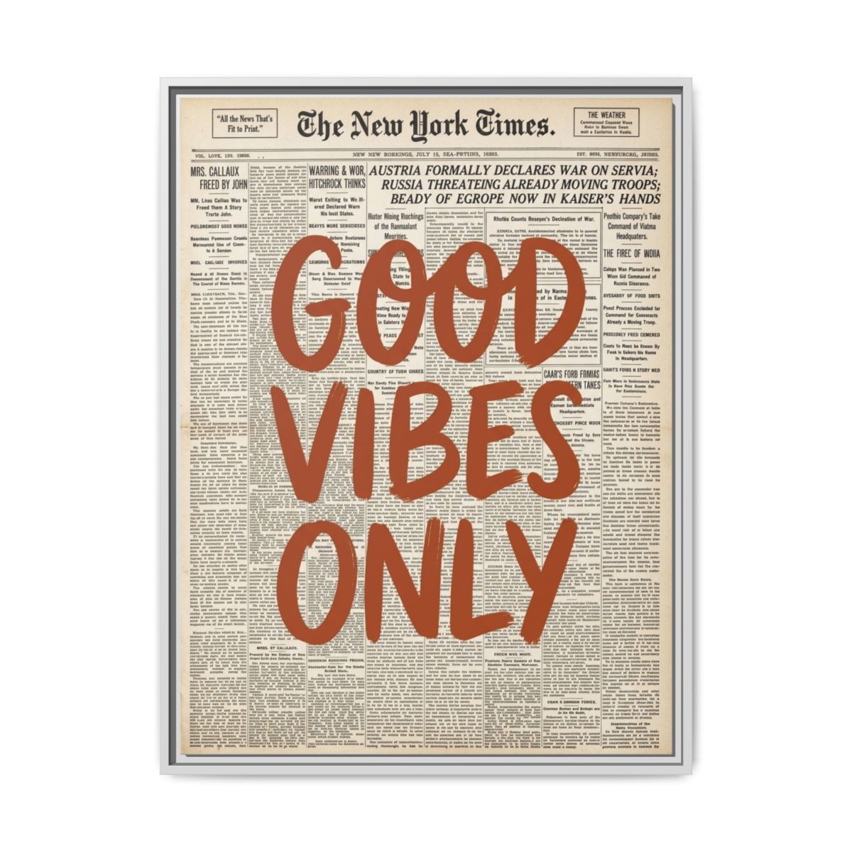 Good Vibes Only Terracotta Canvas Print | Vintage Newspaper Typography Wall Art | Retro Statement Decor — Thumbnail 4
