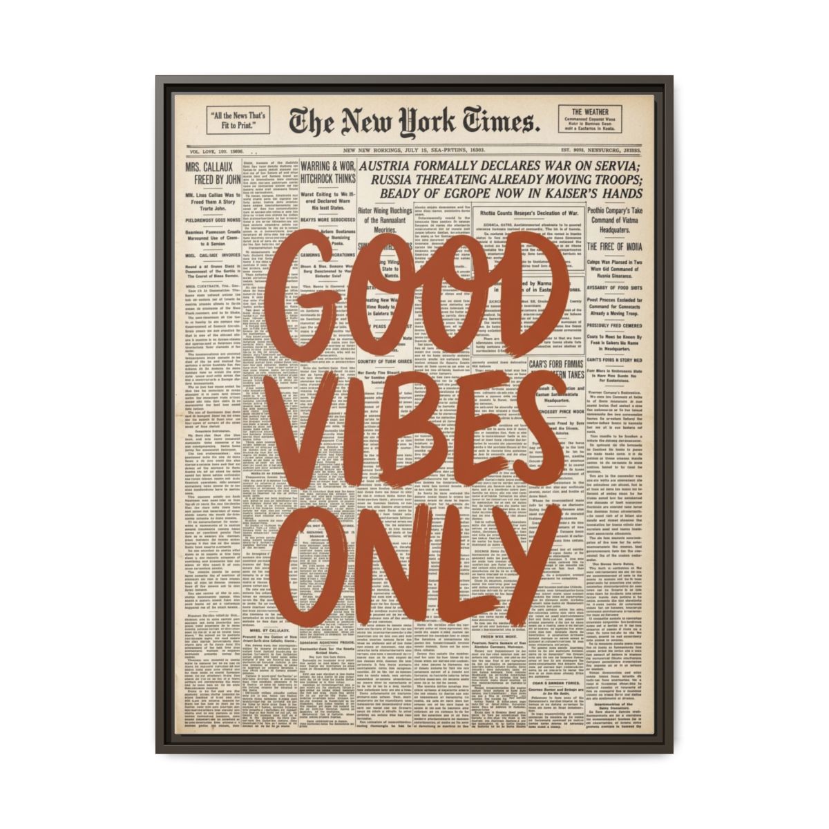 Good Vibes Only Terracotta Canvas Print | Vintage Newspaper Typography Wall Art | Retro Statement Decor — Thumbnail 3