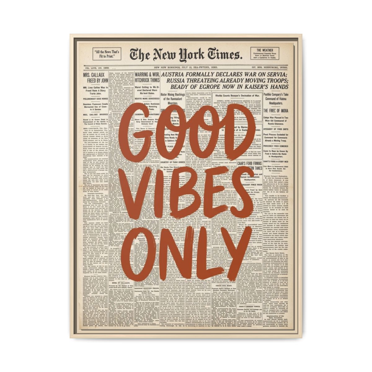 Good Vibes Only Terracotta Canvas Print | Vintage Newspaper Typography Wall Art | Retro Statement Decor — Thumbnail 5