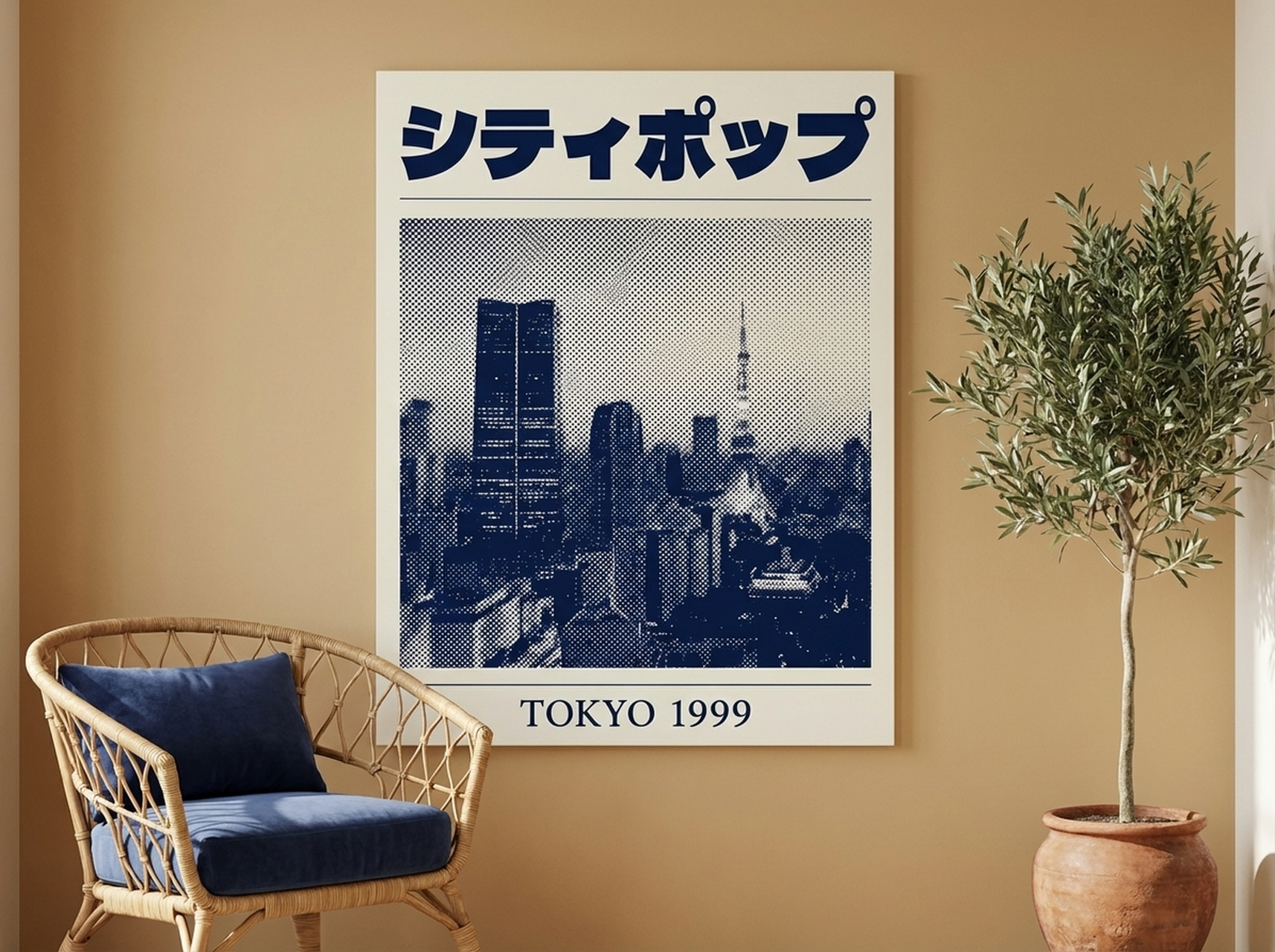 Tokyo City Pop Retro Poster Canvas Print | Japanese Halftone Wall Art | Navy Blue Vintage Typography Decor