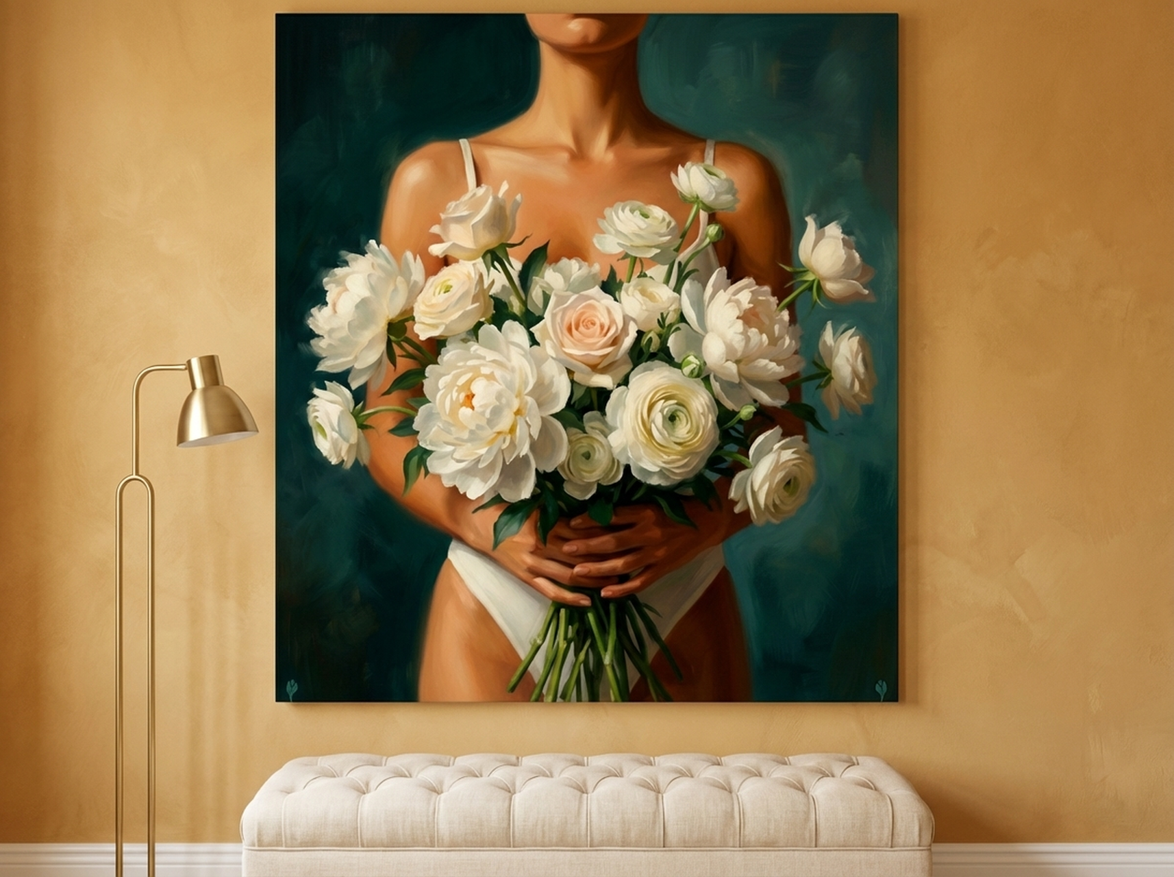 Floral Figure Oil Painting Canvas Print | Teal Feminine Wall Art | White Peonies Vintage Editorial Decor
