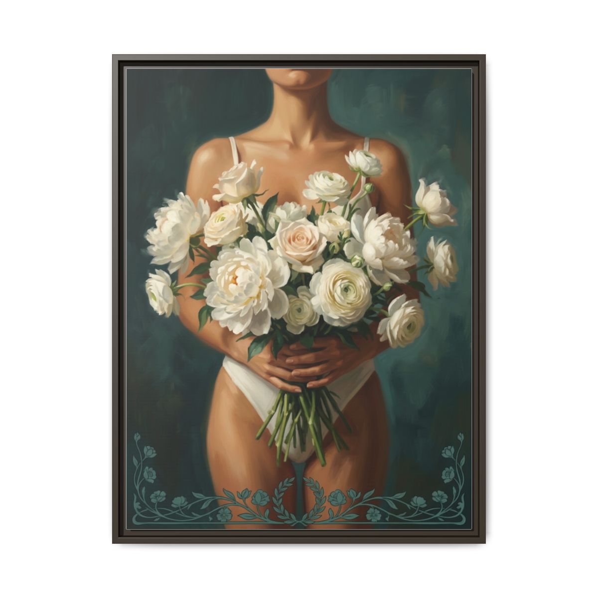 Floral Figure Oil Painting Canvas Print | Teal Feminine Wall Art | White Peonies Vintage Editorial Decor — Thumbnail 3